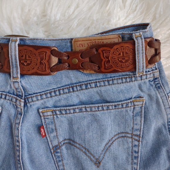 Fossil Accessories - FOSSIL BELT VINTAGE Tooled Leather Brown SouthWestern Link Concho Brass Buckle